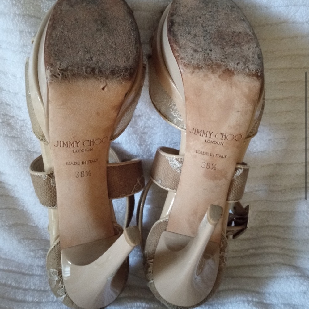 Jimmy Choo Gold Lace Strappy Platform Heels - Picture 4 of 12